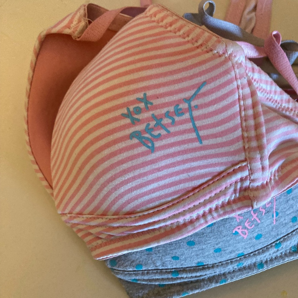 Betsey Johnson Pink Striped and Gray Bra with Dots. 2 bras included in price.